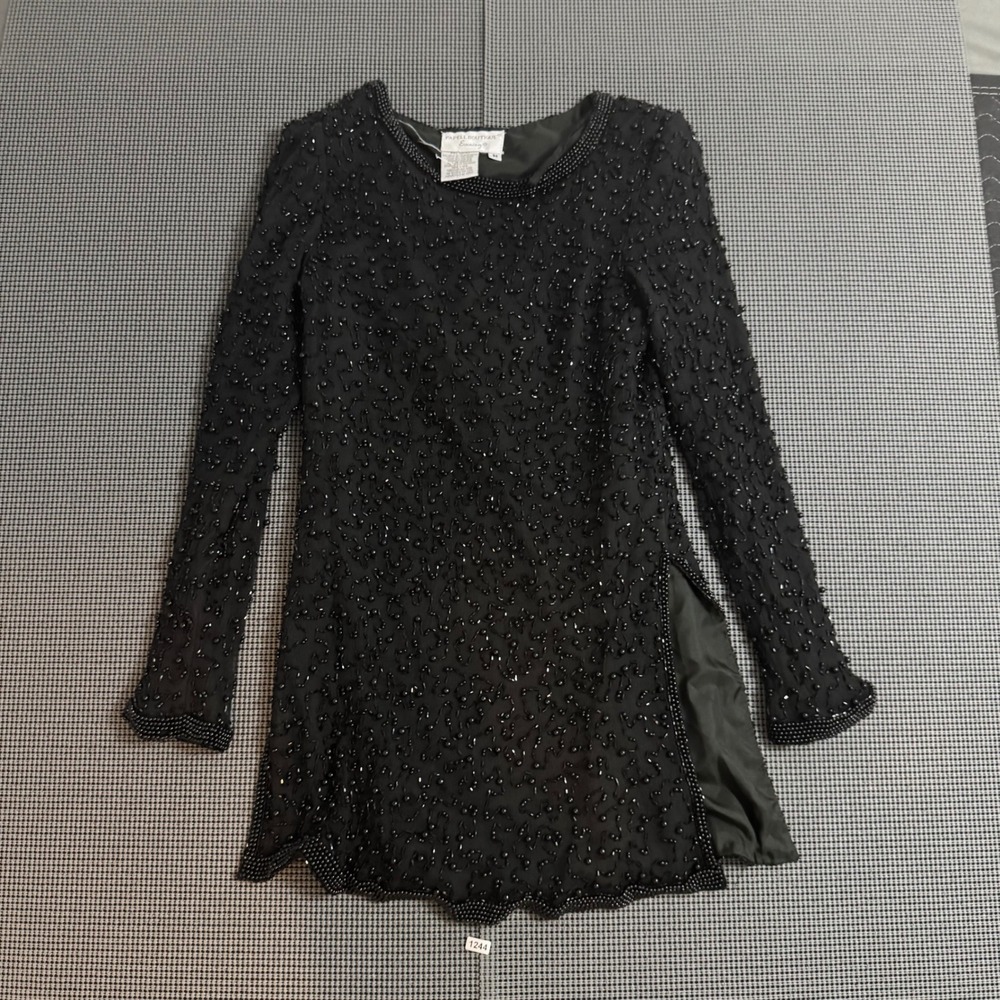 Papell Boutique Evening Silk Beaded Dress Black Long Sleeve Mini Side Slit M
